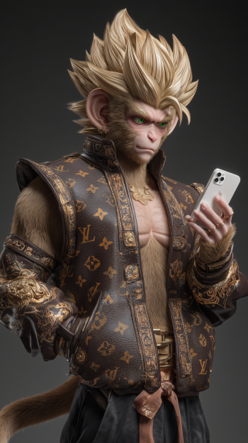Dragon Ball mobile phone wallpaper: muscular monkey with Super Saiyan–style golden hair, green eyes, wearing a monogram luxury jacket and holding a smartphone.