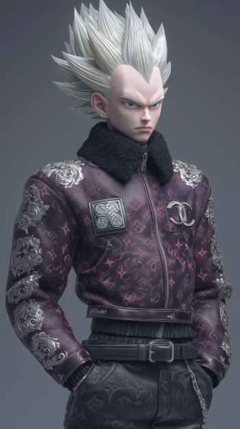 Dragon Ball phone wallpaper: stern anime Saiyan with tall white spiky hair and icy blue eyes, wearing an ornate dark designer bomber jacket, hands in pockets on a muted gray backdrop.