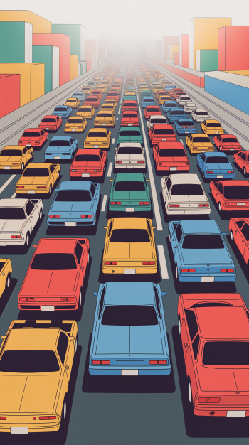 Phone wallpaper: stylized retro illustration of a multilane traffic jam — rows of colorful cars stretching toward a hazy city skyline.