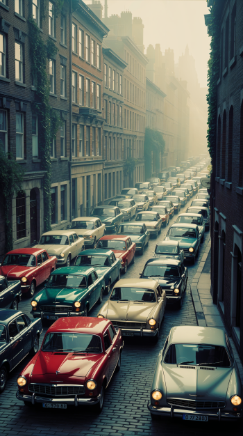 Phone wallpaper: foggy city street packed with vintage cars in a slow traffic jam between tall brick buildings.