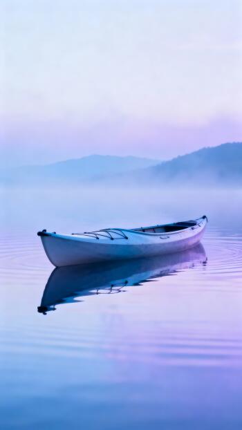 Vertical phone wallpaper showing a lone kayak floating on glassy, misty water at dawn, soft lavender and blue tones with distant hazy hills and a mirror-like reflection.