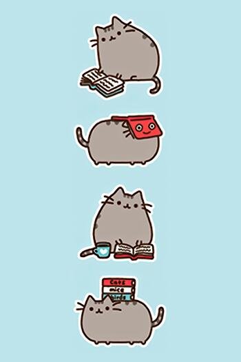 Phone wallpaper showing four stacked Pusheen cats on a light blue background: reading a book, wearing a red book on its head, sipping by an open book, and carrying a stack of books.