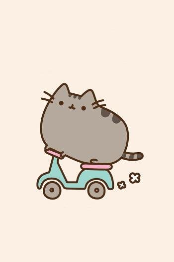 Phone wallpaper illustration of Pusheen, a cute grey tabby cat, cheerfully riding a mint scooter on a pale beige background.