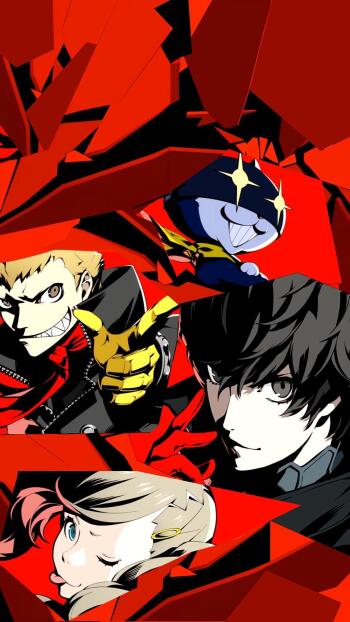 Persona 5 video game phone wallpaper: bold red collage of Joker, Morgana, Ryuji and Ann framed by jagged black shards in a stylized, high-contrast pop-art composition.