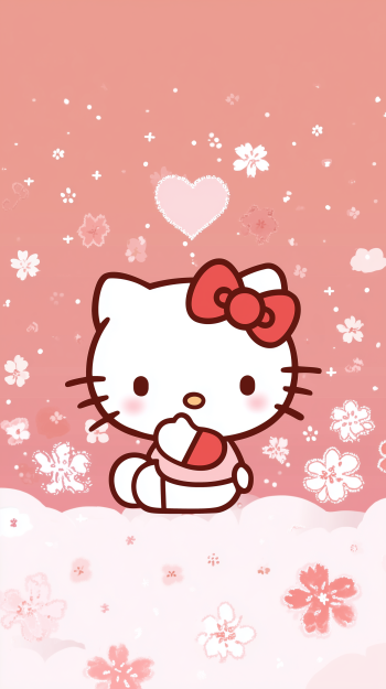 Phone wallpaper of Hello Kitty (Sanrio) in kawaii style: white cat with red bow holding a heart, surrounded by pink cherry blossoms and sparkles.