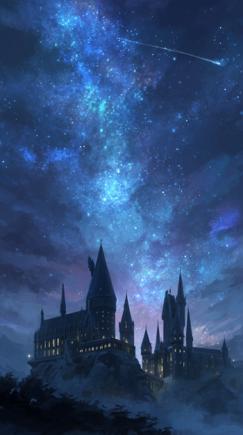 Phone wallpaper of Hogwarts Castle at night beneath a brilliant starry sky and Milky Way streak — a movie Harry Potter scene with glowing windows and a shooting star.