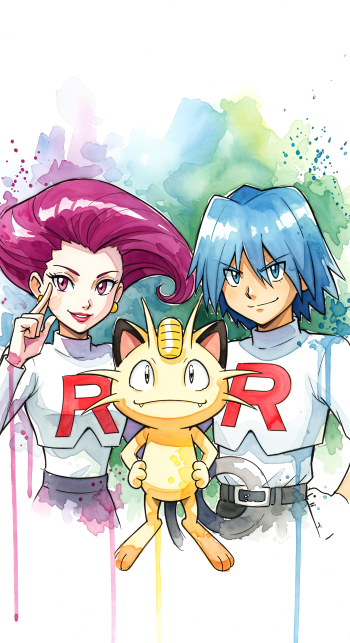 Phone wallpaper of Team Rocket — Jessie, James, and Meowth in a watercolor style, standing together with vibrant paint splashes on a vertical white background.
