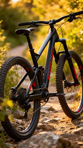 Phone wallpaper: mountain bike parked on a rocky forest trail at golden hour, close-up rear three-quarter view emphasizing knobby tires, suspension and the textured path.