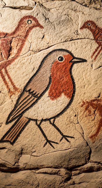 Phone wallpaper of a stylized robin painted on textured stone, red breast and detailed wings with faded bird sketches in the background.