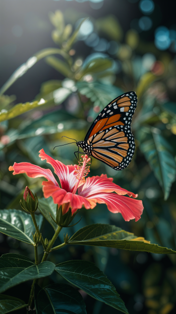 Phone wallpaper showing a monarch butterfly perched on a pink hibiscus bloom with sunlit bokeh and lush green foliage.