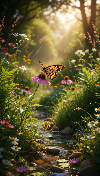 Phone wallpaper: a monarch butterfly rests on a pink coneflower above a sunlit meadow stream, surrounded by wildflowers and dappled light.