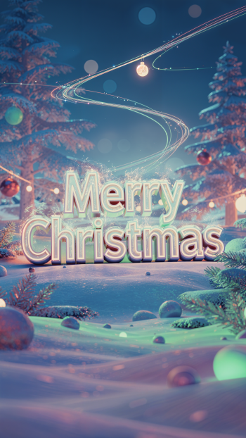 Phone wallpaper: a snowy, twilit pine forest with glowing ornaments and swirling light trails above large illuminated Merry Christmas text.