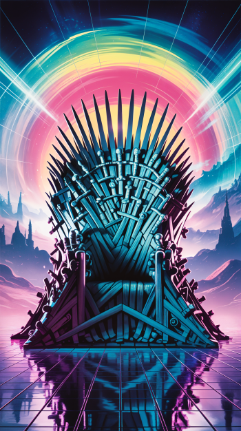 Game of Thrones phone wallpaper: neon synthwave Iron Throne silhouetted against a rainbow halo, jagged mountains and a reflective mirrored grid floor.
