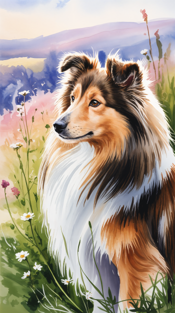 Phone wallpaper of a Shetland Sheepdog in a sunlit meadow with wildflowers and rolling hills, painted in soft watercolor tones.