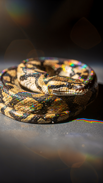 Phone wallpaper showing a coiled ball python with patterned scales catching shimmering rainbow light, resting on a dark, softly blurred background.