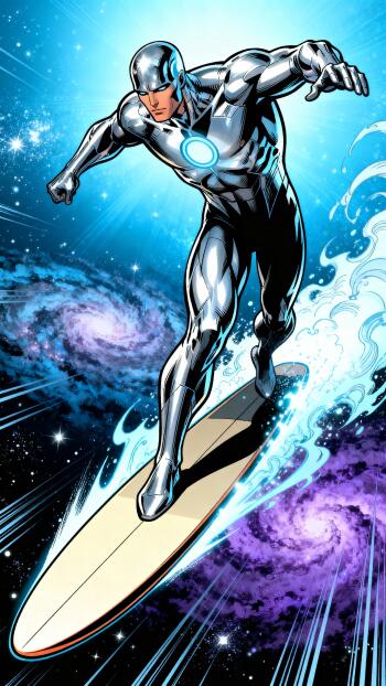 Phone wallpaper featuring the Silver Surfer gliding on his board through blue-purple galaxies and cosmic light, trailing a swirl of energy.