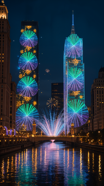 Vertical phone wallpaper of a city skyline at night with colorful New Year fireworks and circular light displays projected on skyscrapers, their glow reflecting in the river.