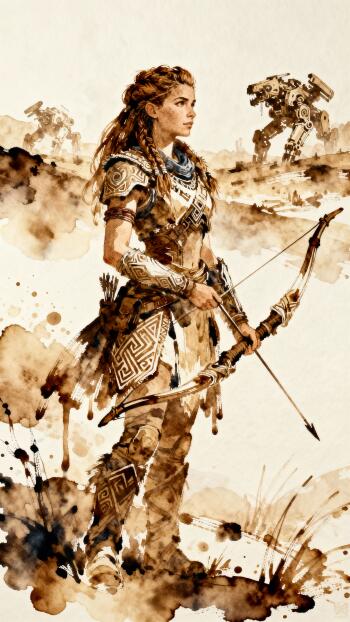 Phone wallpaper of Aloy (Horizon Series) in watercolor-style art — standing with bow and arrows in tribal-tech armor, machines looming on a dusty plain.