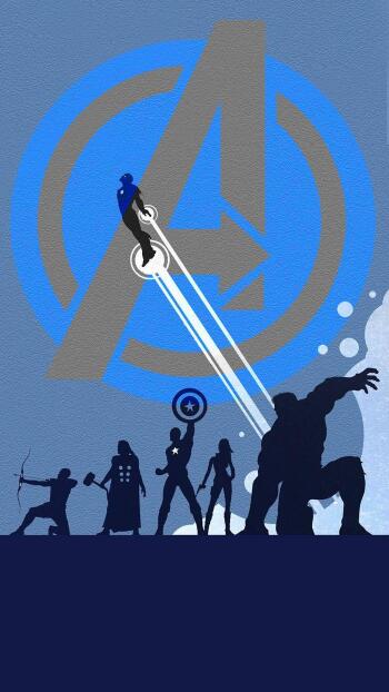 Comic-style Marvel Comics Avengers phone wallpaper showing silhouetted heroes before a large A emblem — Iron Man flying with beams, Captain America's shield, Thor, Hawkeye and Hulk.