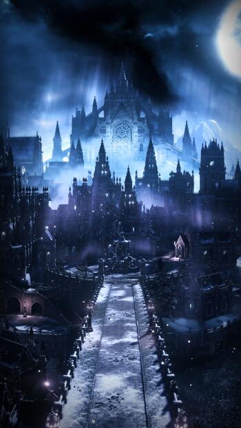 Phone wallpaper — moonlit winter landscape from the video game Dark Souls: Irithyll of the Boreal Valley, icy cathedral and spired city looming above a snow-dusted bridge.