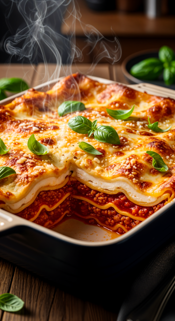 Vertical phone wallpaper of a steaming baked lasagna in a ceramic dish, with visible layers of pasta, meat sauce and melted cheese, topped and scattered with fresh basil leaves.