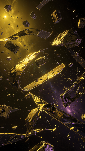 Phone wallpaper of golden space debris — shattered satellites and fragments drifting through a dark, glowing nebula.