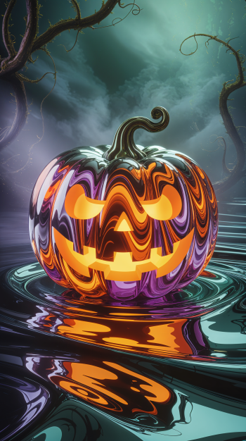 Phone wallpaper of a glowing marbled jack-o'-lantern floating on rippling reflective water beneath twisted trees and a misty green sky.