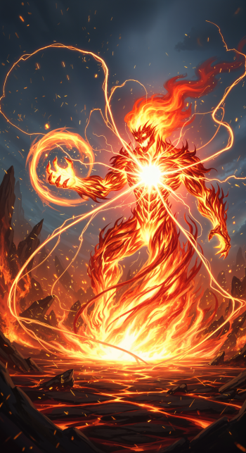Phone wallpaper of a towering fire elemental, a humanoid blaze with a glowing core, conjuring a fire orb above molten, ember-strewn ground.