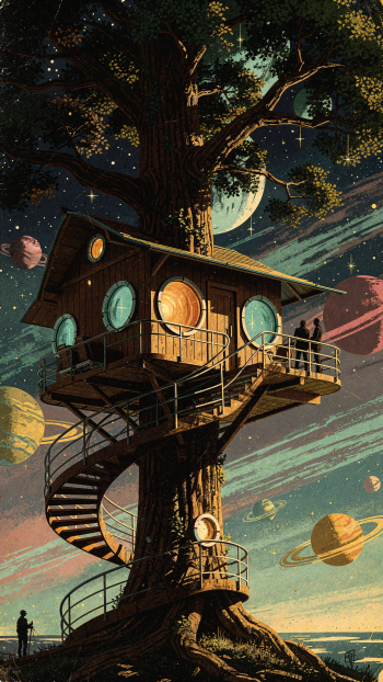 Phone wallpaper showing a wooden treehouse with spiral stairs and round porthole windows, silhouettes on the balcony, rooted in a giant tree beneath a starry sky of planets and moons.