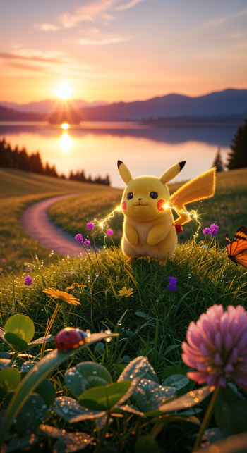 Phone wallpaper of Pikachu on a flowered hill at sunset, glowing cheeks, butterflies and dew, overlooking a winding path to a tranquil lake.