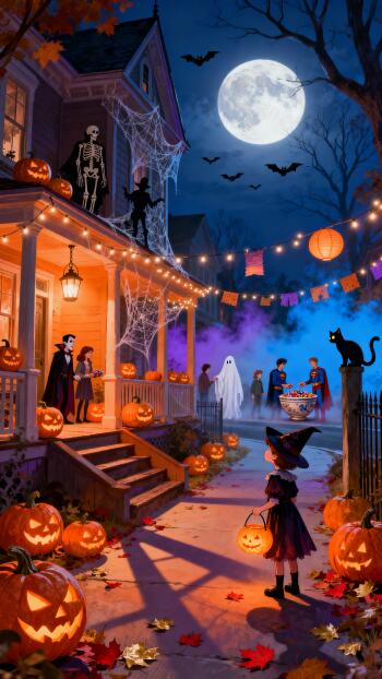 Phone wallpaper showing a moonlit Halloween scene: pumpkin-lit porch with a skeleton and string lights, trick-or-treaters, a child witch, glowing jack-o'-lanterns, bats and fog.