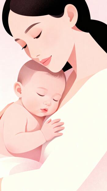 Phone wallpaper showing a tender mother cradling her sleeping baby against her chest in soft pastel tones.