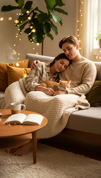 Phone wallpaper of a couple cuddling on a sofa under a knit blanket with a sleeping cat, warm fairy lights and a large houseplant behind them.