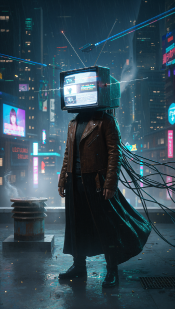 Phone wallpaper: lone figure in a rain-soaked cyberpunk city wearing a TV head, cables trailing from its back, leather coat and neon billboards reflecting on wet streets.