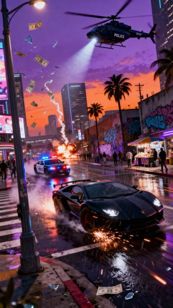 Phone wallpaper showing neon city chase at dusk: black supercar sparks on wet street, police car and helicopter, exploding vehicle, palm trees, falling cash.