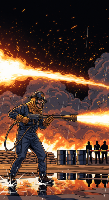 Phone wallpaper of a masked, protective-suited figure firing a flamethrower, spraying roaring flames across a smoky night with silhouetted onlookers and puddles reflecting the blaze.