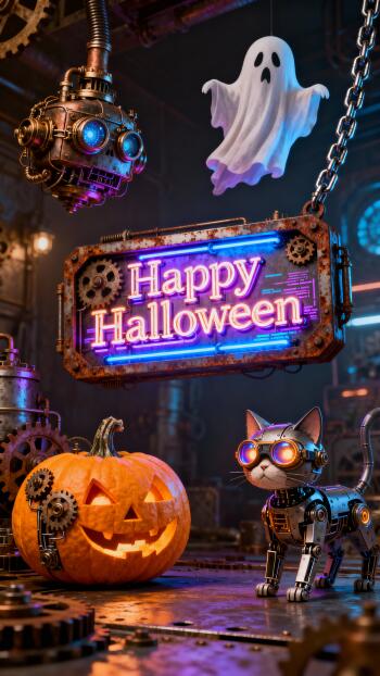 Phone wallpaper: neon 'Happy Halloween' sign in a steampunk scene with a glowing jack-o'-lantern, robotic goggle-wearing cat, floating ghost and mechanical hanging skull.