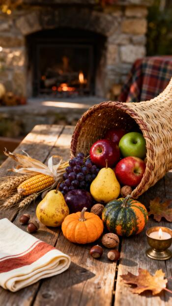 Phone wallpaper of a cornucopia spilling apples, pears, grapes, pumpkins and nuts onto a rustic wooden table strewn with autumn leaves, with a cozy fireplace blurred in the background.