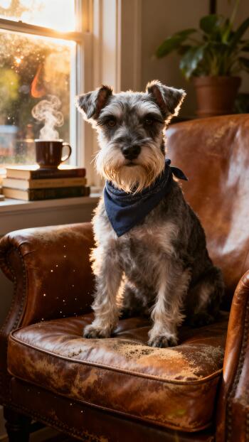 Phone wallpaper featuring a salt-and-pepper schnauzer in a blue bandana, perched on a worn leather armchair in warm window light beside a steaming mug.