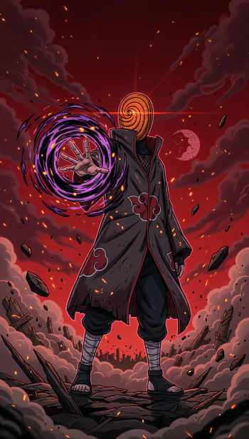 Phone wallpaper of Obito Uchiha in an Akatsuki cloak and spiral mask, conjuring a purple swirling chakra from his hand against a fiery red sky with floating debris and a blood moon.