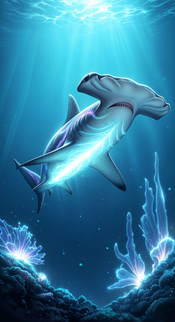 Phone wallpaper of a glowing hammerhead shark ascending through sunlit blue water above bioluminescent coral.