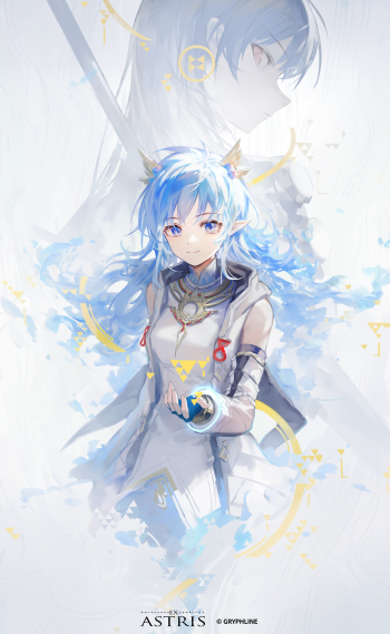 Phone wallpaper, Ex Astris official: ethereal blue-haired fox-eared heroine in white armor holding a glowing orb, faded larger portrait and golden sigils in a misty background.