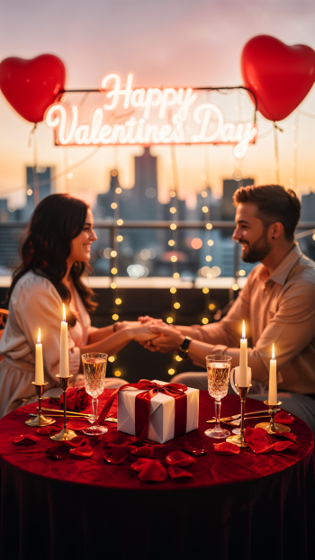 Phone wallpaper: romantic rooftop Valentine's dinner — couple holding hands at a candlelit table with a gift and rose petals, heart balloons and neon Happy Valentine's Day sign.