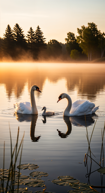 Phone wallpaper: Trumpeter swan family — two adults and a cygnet glide on a misty sunrise lake, their silhouettes and reflections mirrored on the water.