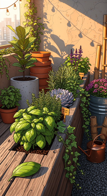 Phone wallpaper of a sunny balcony planter: wooden raised bed and pots with herbs, succulents and flowers, string lights, a watering can and distant city skyline.