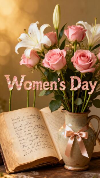 Women's Day phone wallpaper: pink roses and white lilies in a ribbon-tied vase beside an open handwritten book, warm golden background with Women's Day text overlay.