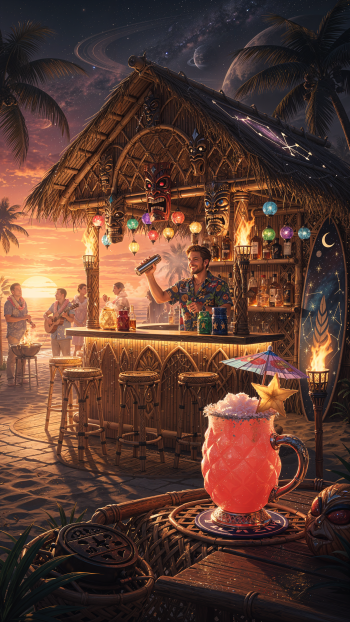 Phone wallpaper of a sunset tiki bar — bartender shaking a cocktail under hanging lanterns, surfboard decor, palm trees, and a frosty tropical drink in the foreground.