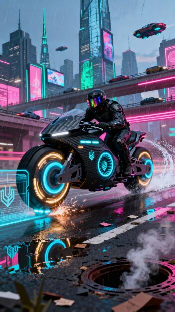 Phone wallpaper: a cyberpunk city at night with neon-lit skyscrapers and flying cars; an armored rider on a glowing high-tech motorcycle sprays sparks on a wet street.