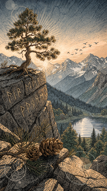 Phone wallpaper: a windswept pine tree on a rocky cliff above a mountain lake at sunrise, carved runes on the stone, pinecones in the foreground and birds flying over jagged peaks.