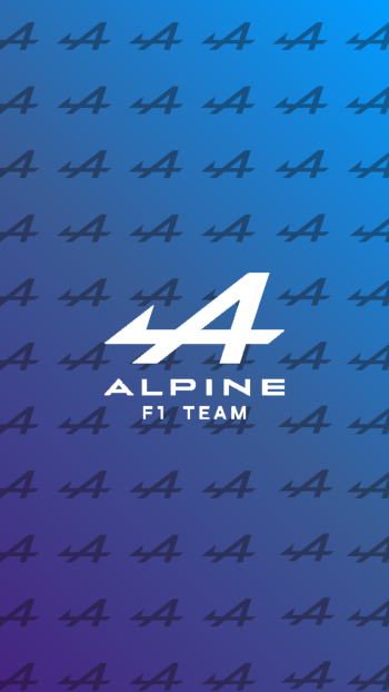 Phone wallpaper with large white Alpine F1 Team A logo centered over repeated smaller logos on a blue-to-purple gradient, conveying F1 race team and motorsport car branding.